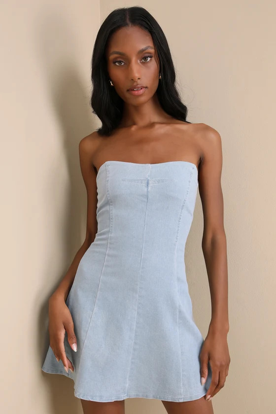 Delightful Time Light Wash Denim Strapless Mini Dress | Lulus
