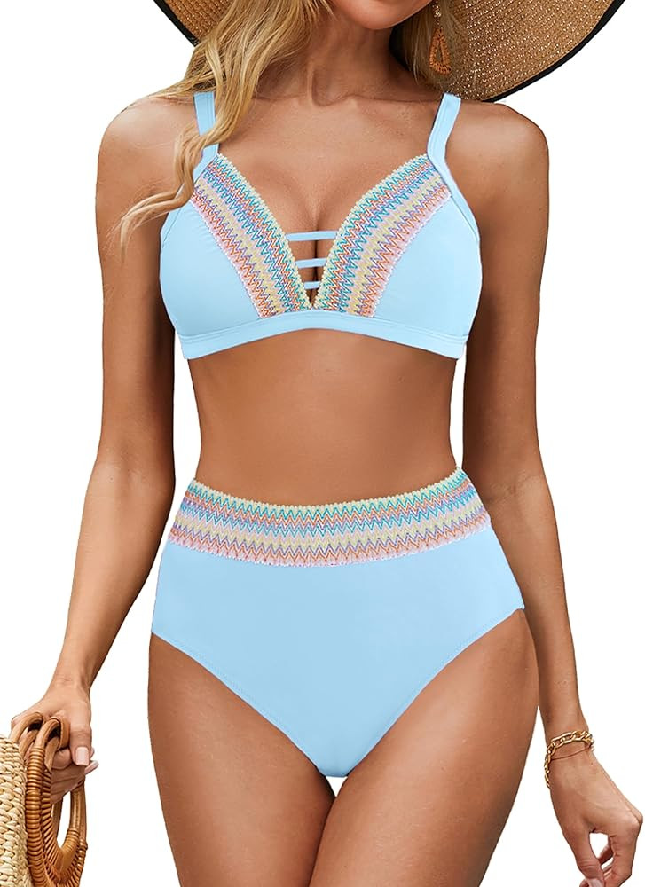 BMJL Women's High Waisted Bikini Set Hollow Out V Neck Swimsuits Color Block Two Piece Tummy Cont... | Amazon (US)