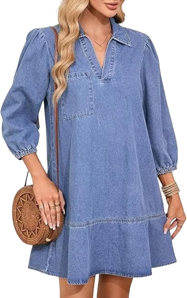 utcoco Denim Dress for Women Casual Loose Fit 3/4 Sleeve Ruffle Jean Badydoll Mini Dress with Poc... | Amazon (US)