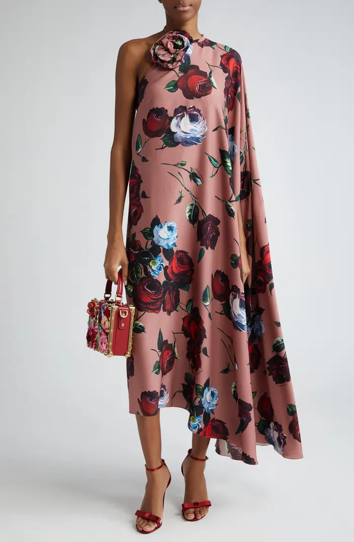Rosette Floral Print Asymmetric One-Shoulder Charmeuse Dress | Nordstrom