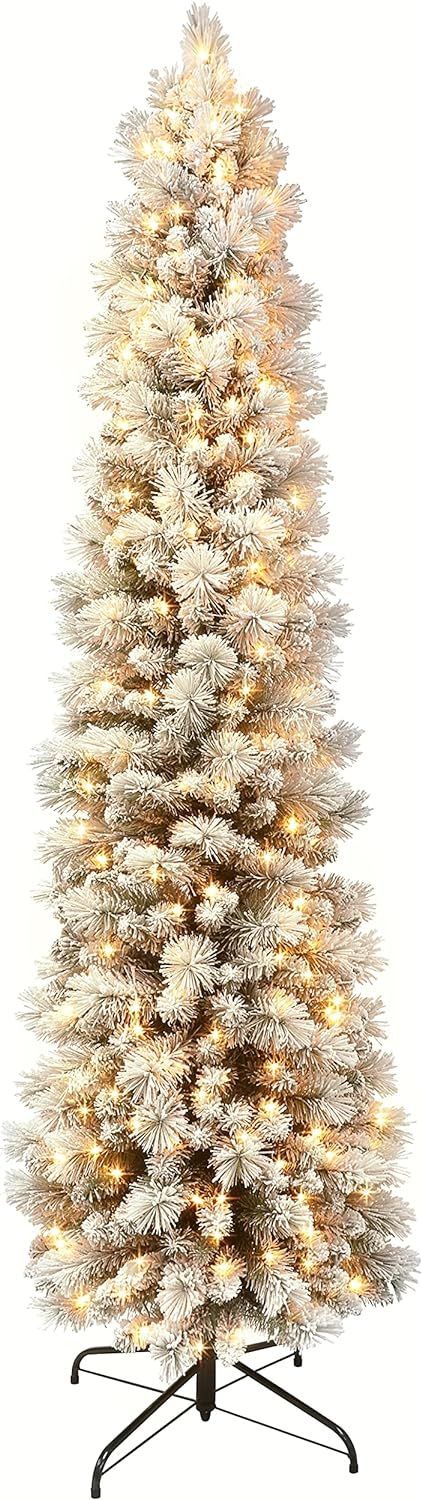 Puleo International 9 Foot Pre-Lit Flocked Portland Pine Pencil Artificial Christmas Tree with 45... | Amazon (US)
