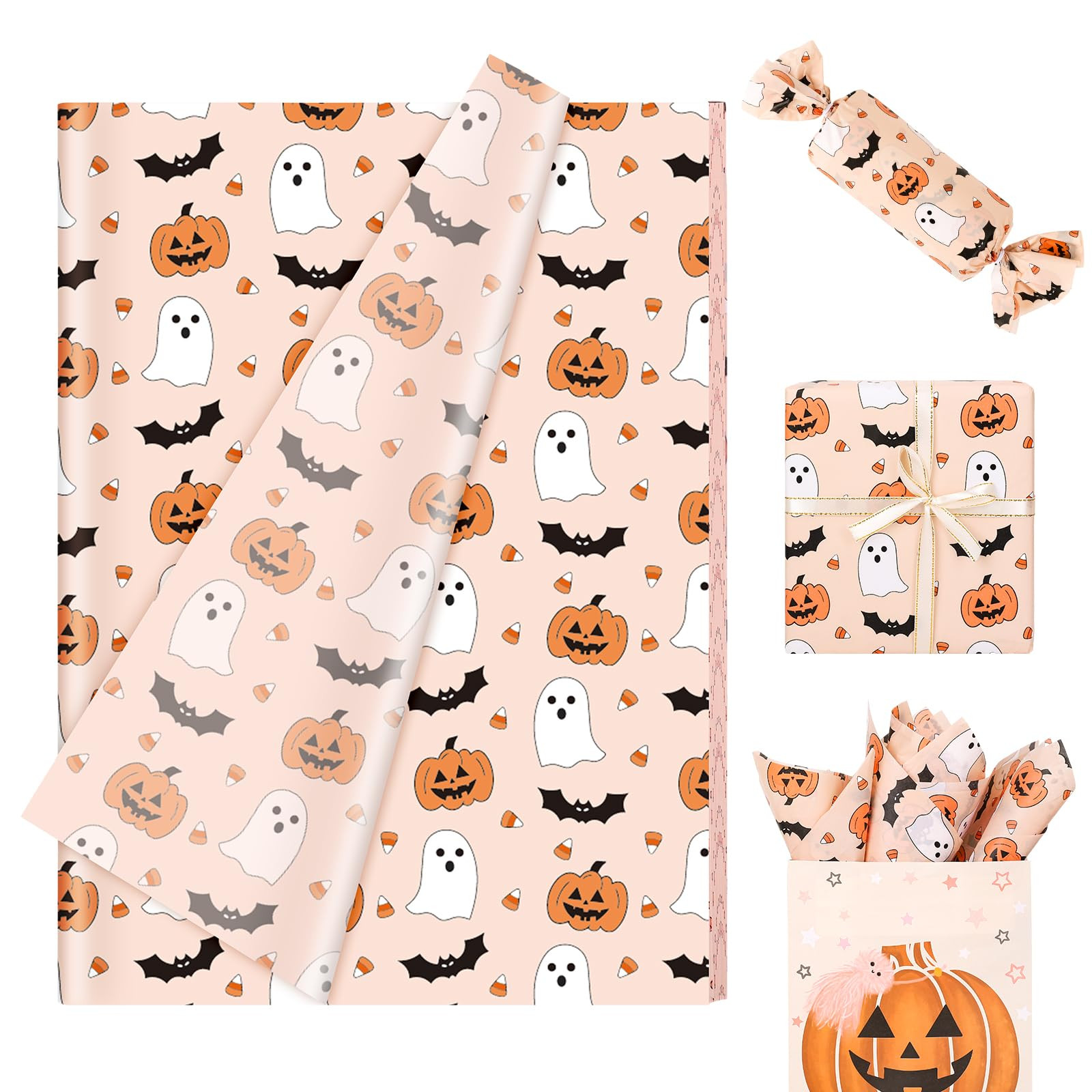 JarThenaAMCS 100 Sheets Halloween Tissue Paper Cute Pumpkin Ghost Bats Gift Wrapping Paper Orange... | Amazon (US)