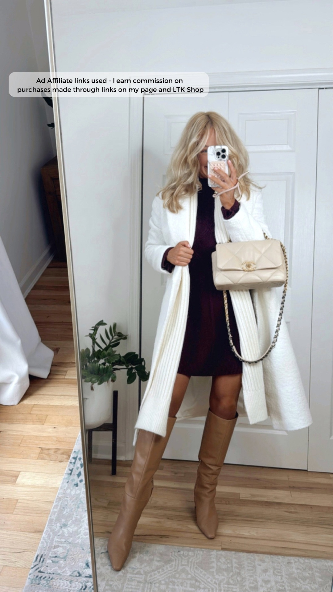 Winter coat outfit
Sweater dress and knee high boots
