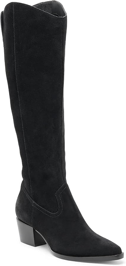 Coutgo Women Knee High Boots Wide Calf Chunky Heel Pointed Toe Zip Boots | Amazon (US)