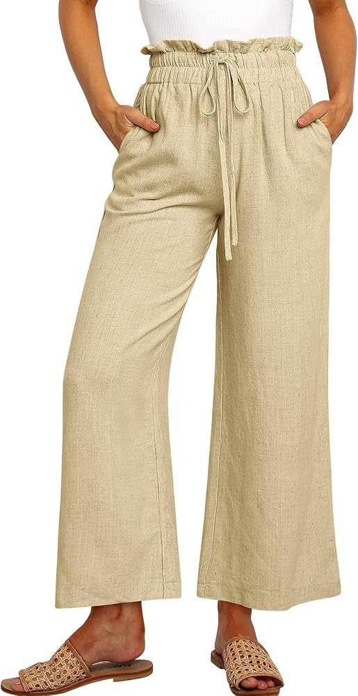 ANRABESS Women's Linen Pants Casual Loose High Waist Drawstring Wide Leg Capri Palazzo Pants Trou... | Amazon (US)