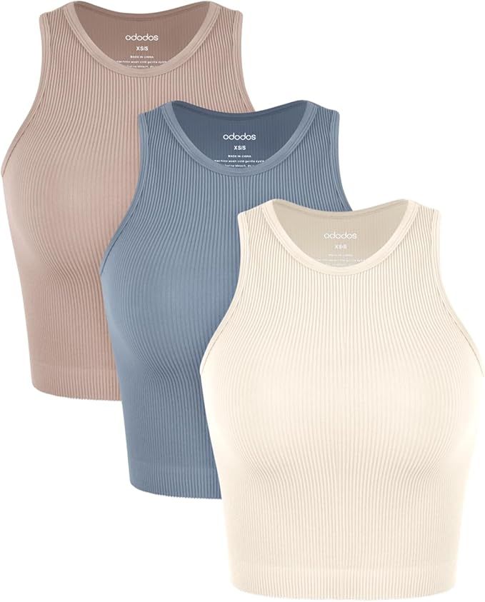 ODODOS 3-Pack Seamless Crop Tank for Women Ribbed Soft High Neck Cropped Tops | Amazon (US)