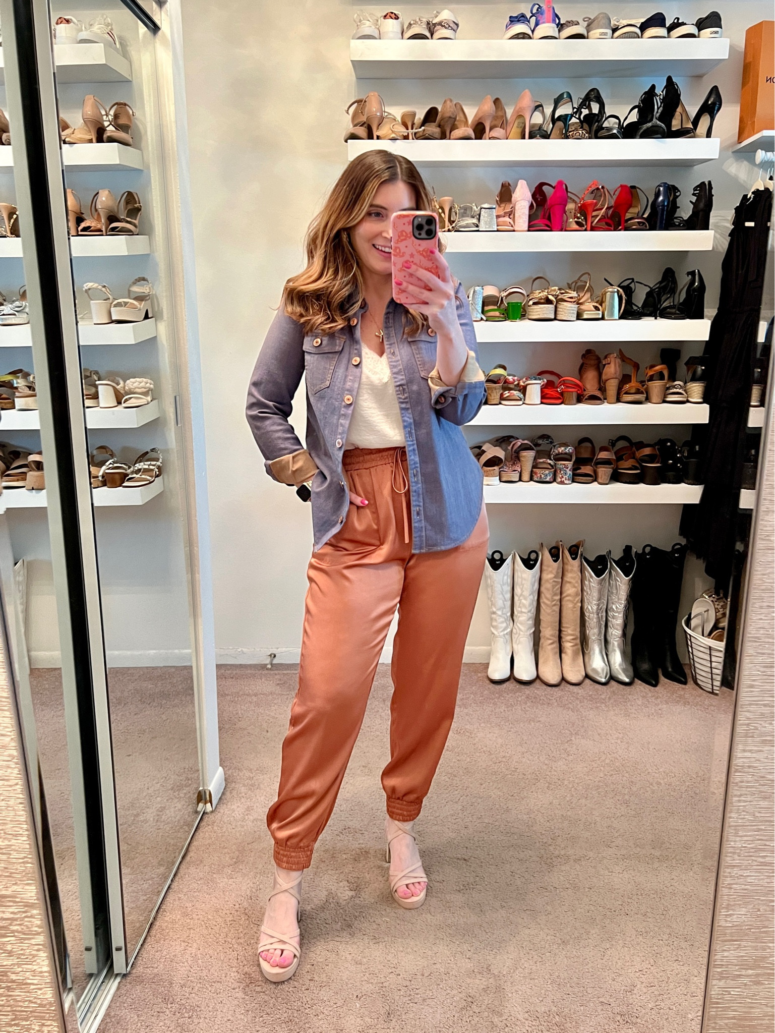 Cami, satin joggers, nude heels, gold jewelry, Beachwaver curling iron, iPhone case, spring outfit 

#LTKstyletip #LTKfindsunder50 #LTKshoecrush