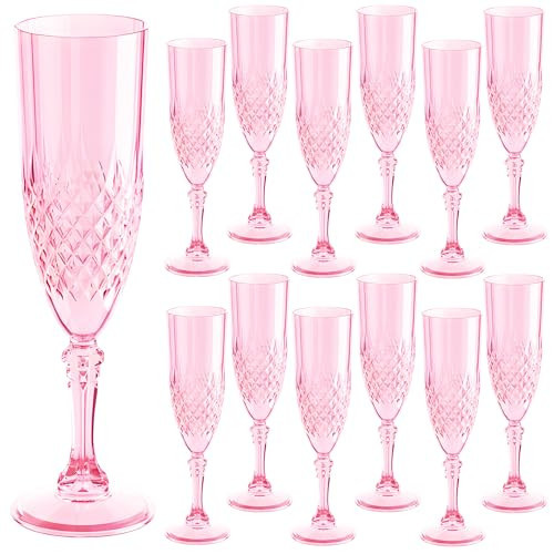 HTTBEIZI Pink Champagne Flutes Set of 12 7oz, Plastic Champagne Flutes Crystal Plastic Reusable Glasses Cups Goblets Shatterproof Unbreakable, for Wedding Party Mimosa Bar | Amazon (US)