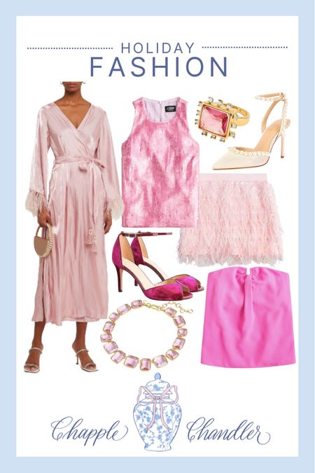 Holiday fashion, women’s fashion, heels, Dillards, pink outfit, sequins, Christmas outfit, New Year’s Eve outfit, Antonio Malone, pearl heels, J crew, velvet heels, feather mini skirt, sequin top, strapless pink top, crystal necklace, crystal cocktail ring, holiday outfit idea, Christmas outfit idea, Christmas Eve outfit

#LTKHoliday #LTKstyletip #LTKshoecrush