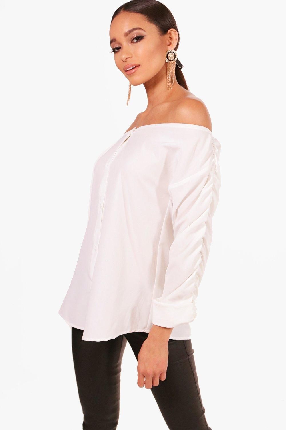 Annabel Ruched Sleeve Bardot Shirt | Boohoo.com (FR)