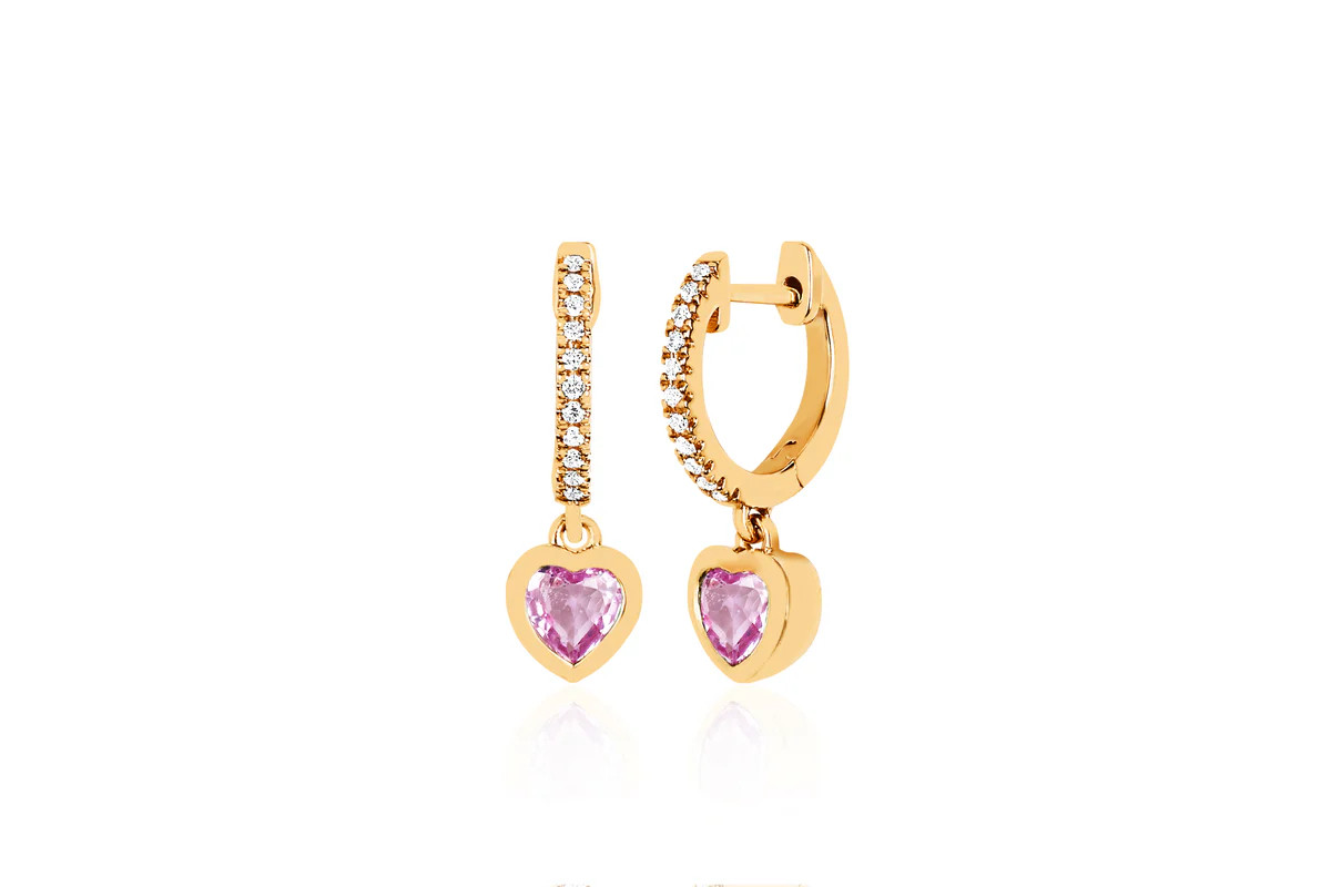 Diamond Mini Huggie with Pink Sapphire Heart Drop Earring | EF Collection