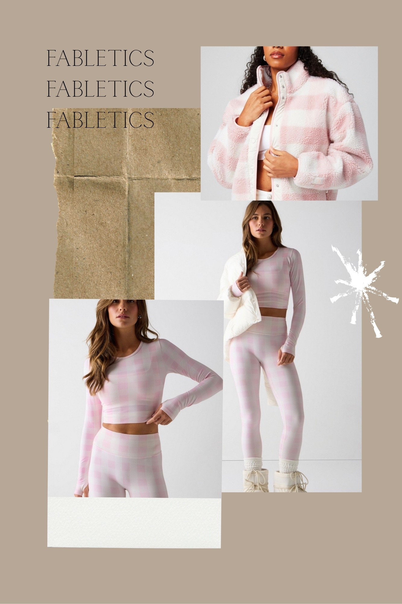 Fabletics plaid pink workout set; Tahoe teddy fleece jackett