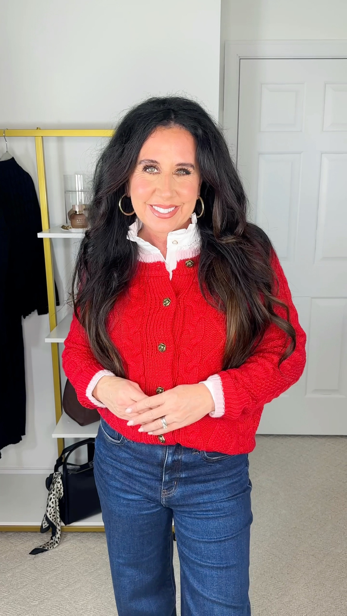 Red cable knit sweater with rosette buttons & pink trim.
Ruffle collar blouse- this one is so versatile! I’ve been wearing it under everything! 

#LTKFindsUnder50 #LTKHoliday #LTKCyberWeek