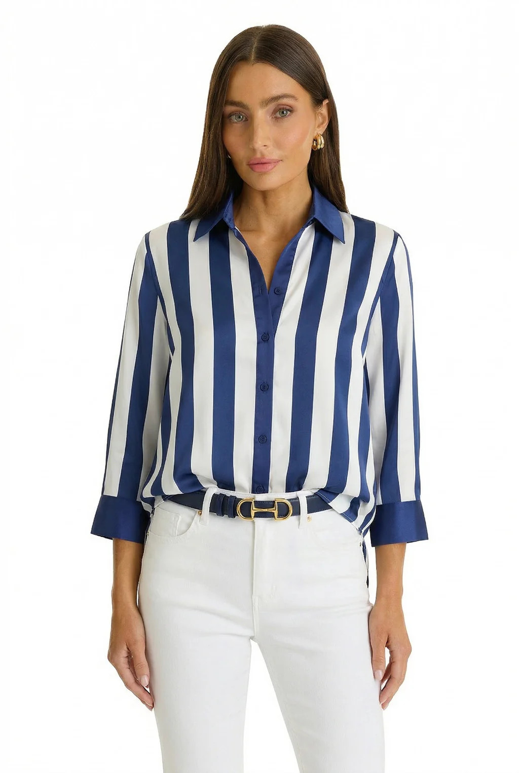 Sara Silk Blouse - Navy Stripe | The Noli Shop