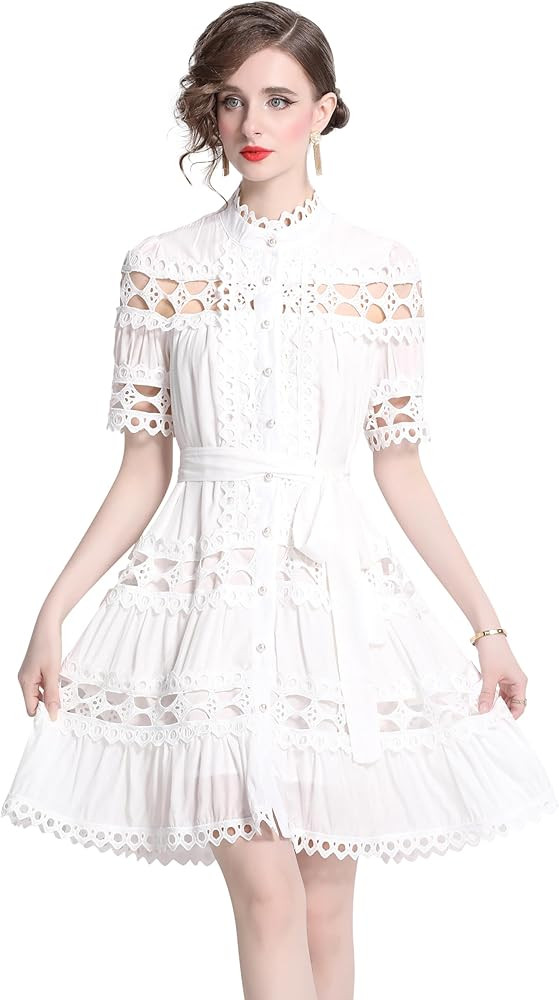 LAI MENG FIVE CATS Womens Summer Short Sleeve A Line Hollow Out Button Up Casual Party Dresses | Amazon (US)