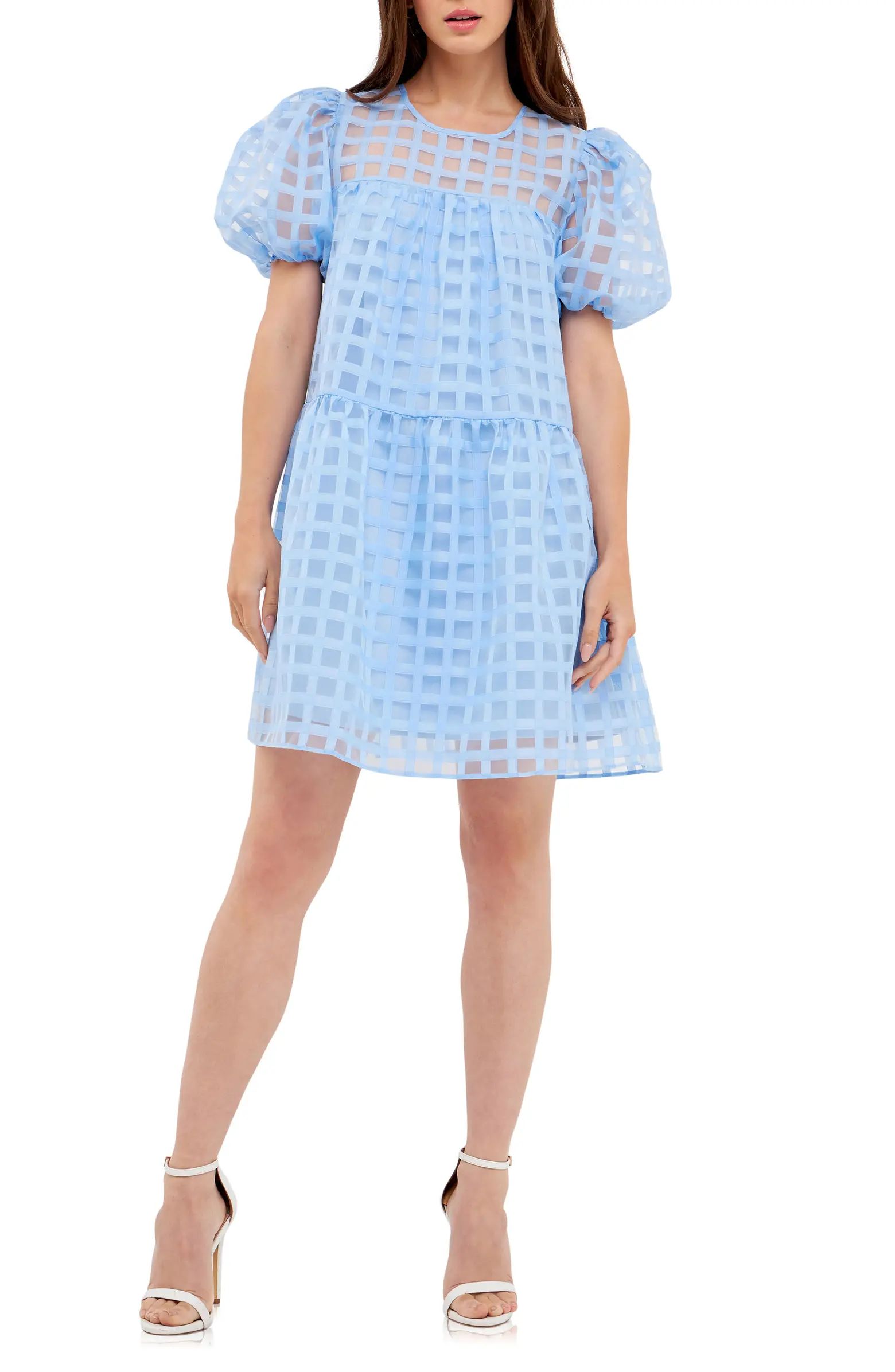 Gridded Puff Sleeve Dress | Nordstrom