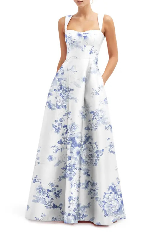 Alfred Sung Floral Lace Up A-Line Gown in Cottage Rose-Larkspur Print at Nordstrom, Size 0 | Nordstrom