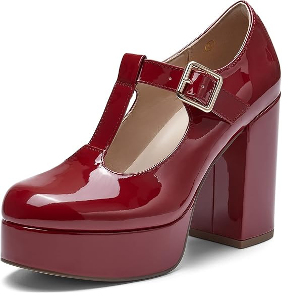 Coutgo Women's T-Strap Round Toe Platform Heels Chunky Heel Patent Mary Jane Dress Shoes | Amazon (US)
