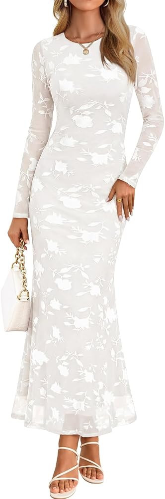MEROKEETY Women's 2026 Spring Wedding Guest Maxi Dress Long Sleeve Bodycon Floral Mesh Fall Cockt... | Amazon (US)