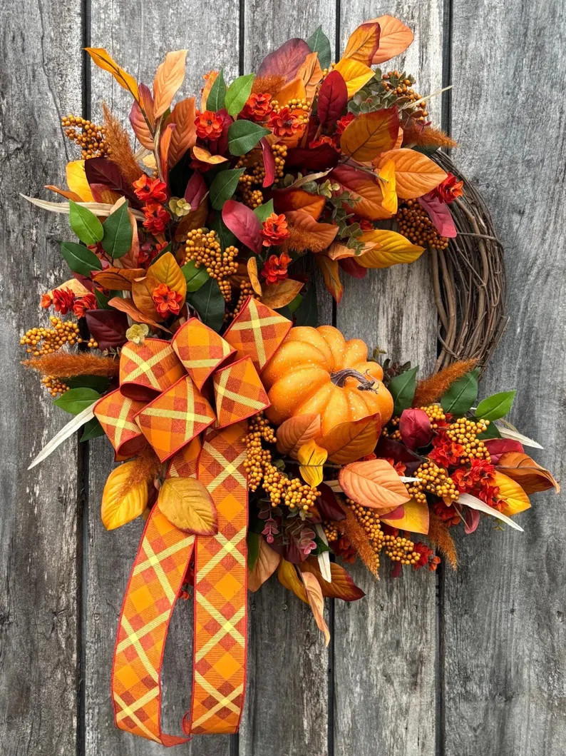 Fall Magnolia Wreath, Eucalyptus Fall Wreath, Farmhouse Autumn Decor, Pumpkin Wreath, Harvest Fal... | Etsy (US)