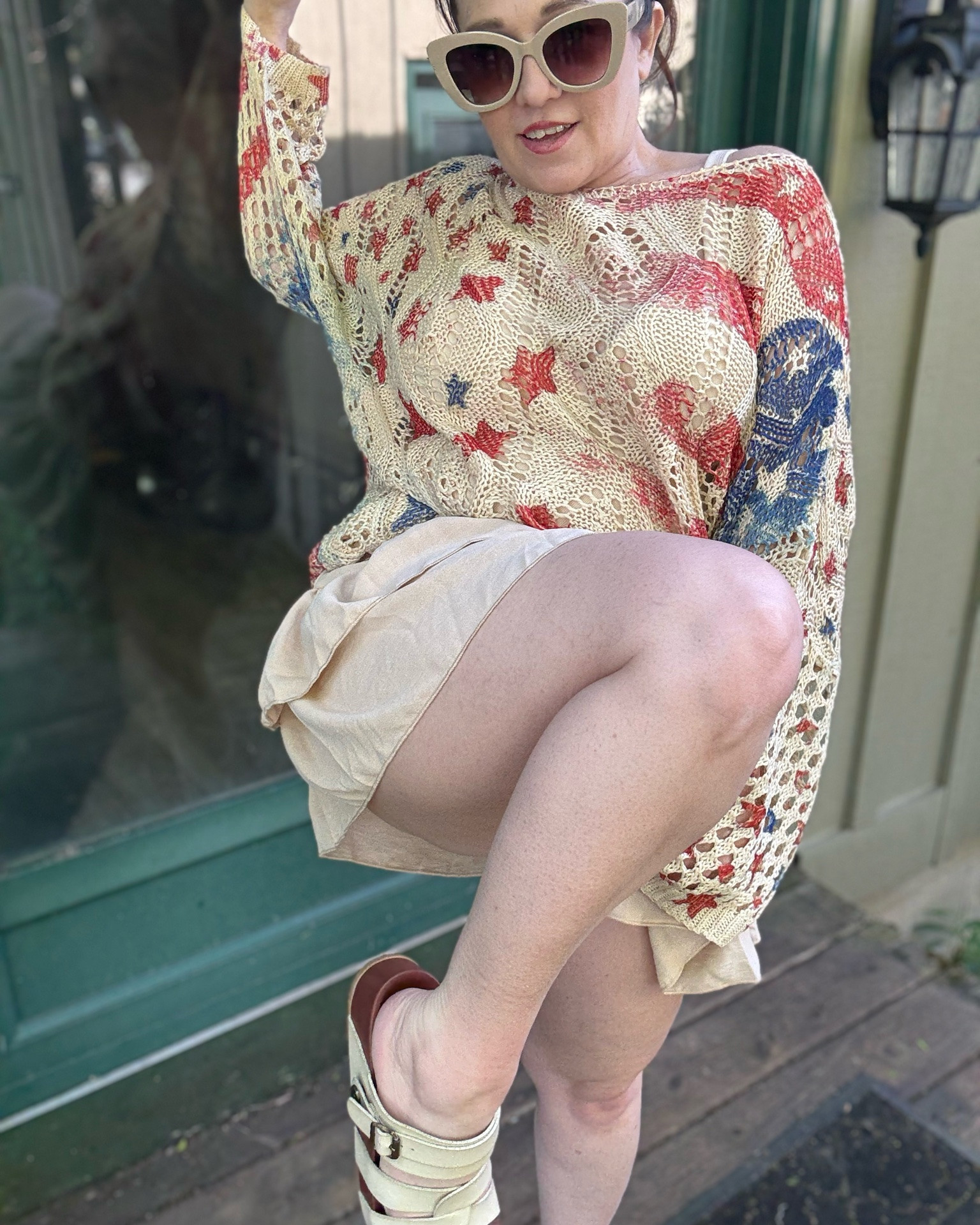 Red, white, and cute all over! 🥰 Obsessed with how this lightweight stars and stripes sweater pairs with my new skirt-style shorts. Keeping it comfy in my new Project Cloud sandals and classic Velvet Eyewear sunglasses for the perfect Memorial Day vibe. 🎆

#LTKootd #LTKOver40 #LTKSeasonal
