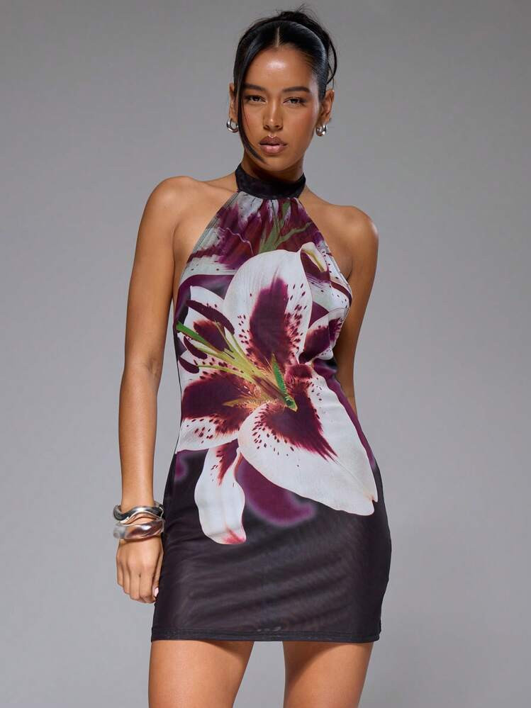 MUSERA Halter Neck Floral Print Mesh Loose Fit Sleeveless Mini Dress Spring Summer Birthday Wedding Guest Vacation Beach Swim Elegant Cute Sexy Boho Ibiza Festival Desert Orchid | SHEIN