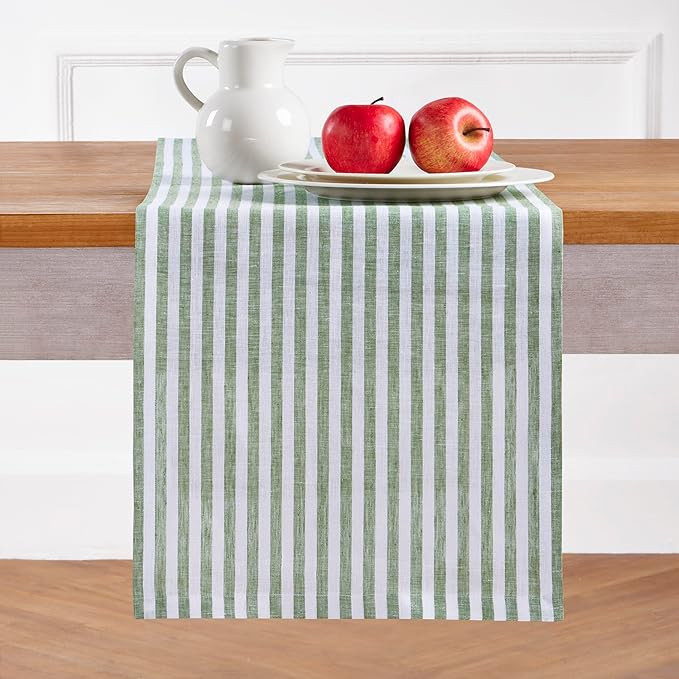 Solino Home Stripe Linen Table Runner 90 Inches Long - Green and White, 100% Pure Linen Dining Ta... | Amazon (US)
