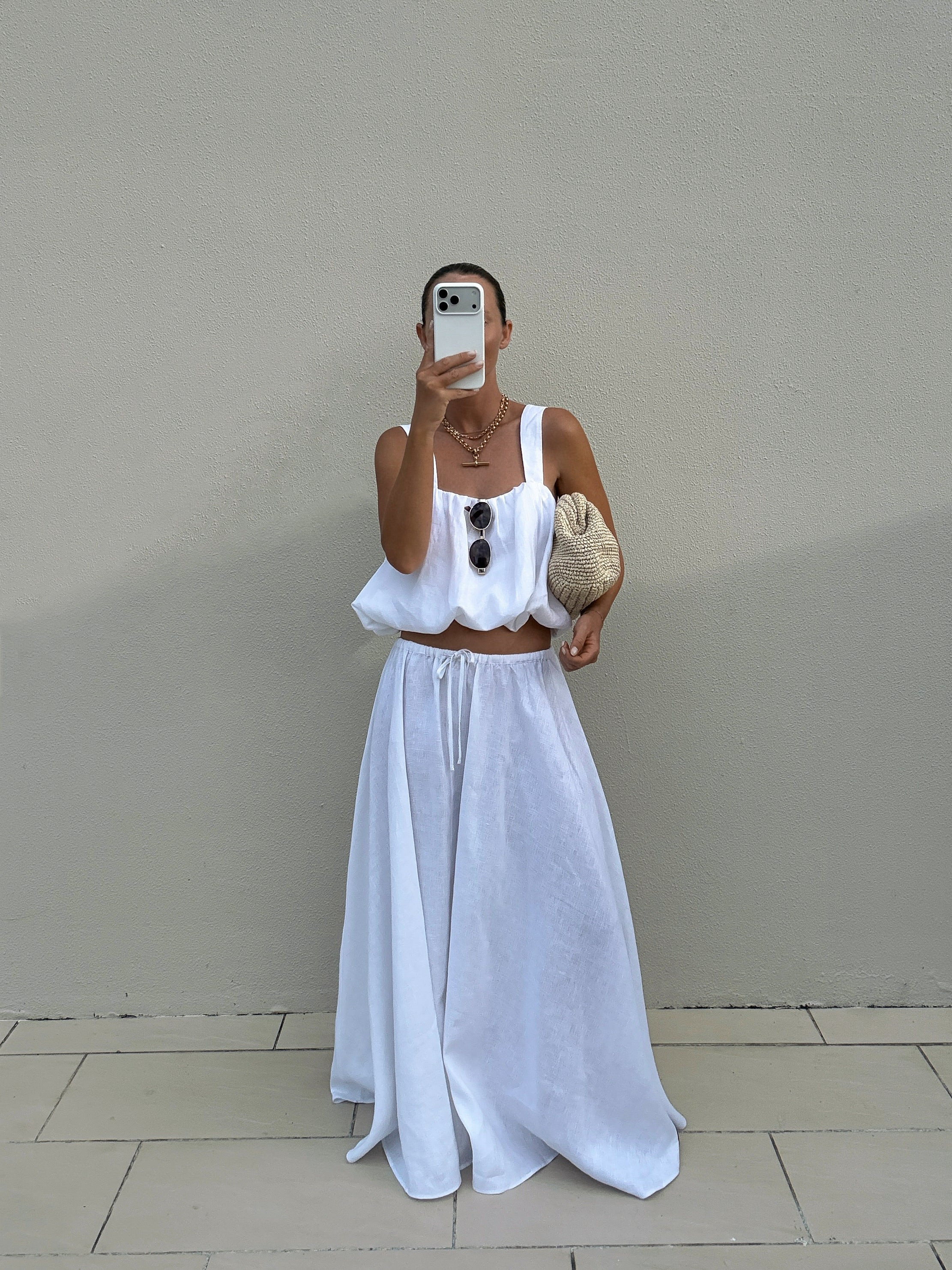 RAVELLO WHITE LINEN MIDI SKIRT | DISSH