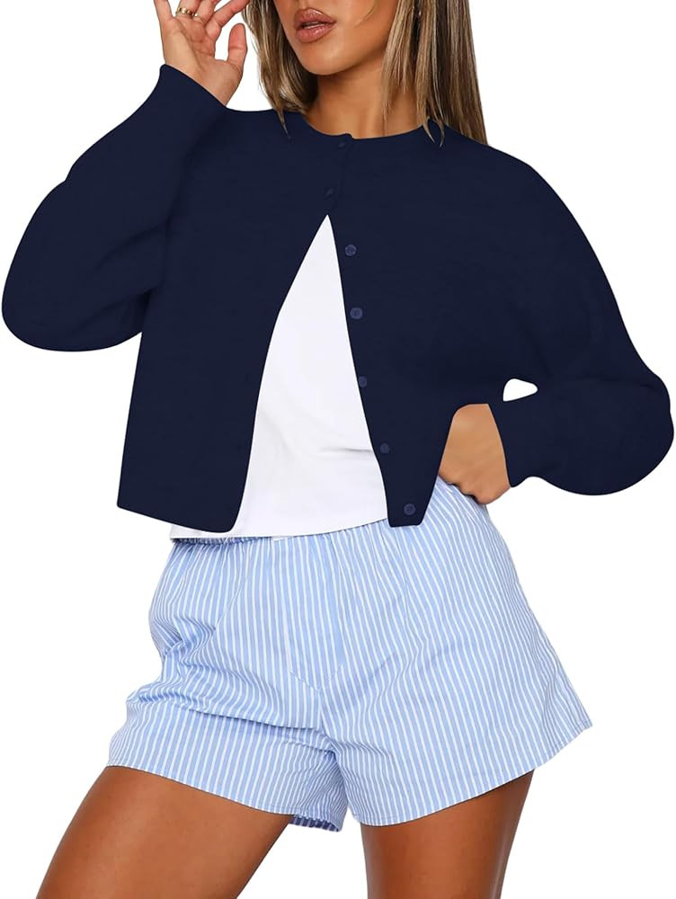 Kistore Womens Cropped Cardigan Sweaters Crew Neck Long Sleeve Button Up Sweaters Lightweight Kni... | Amazon (US)