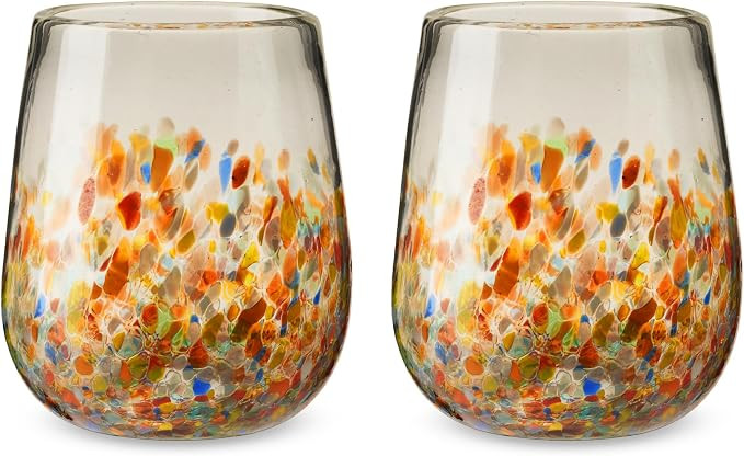 Segunda Vida Artistico Hand Blown Stemless Wine Glasses, Recycled Drinking Glasses with Rainbow S... | Amazon (US)