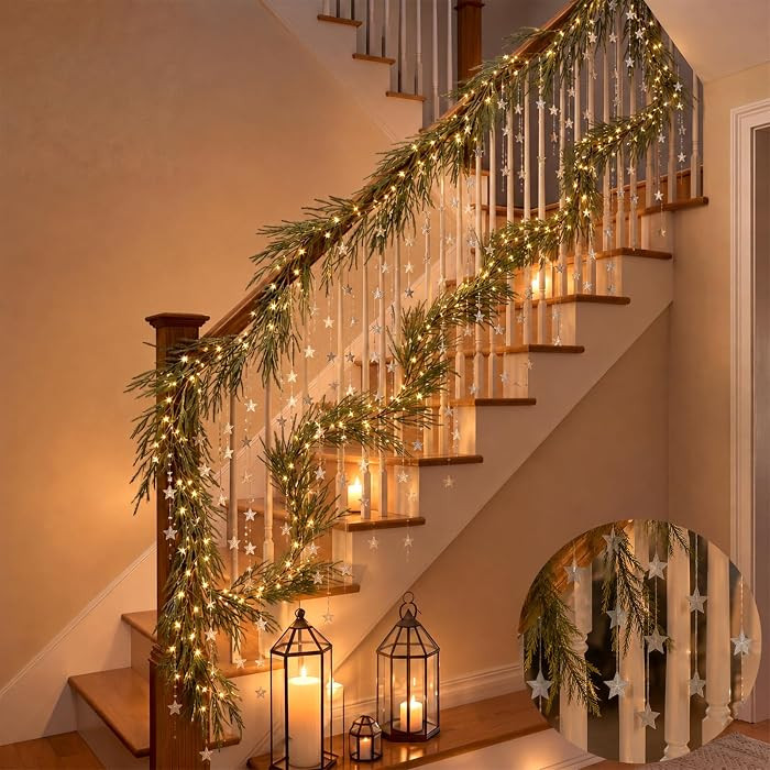 Dingion 8.9ft Christmas Garland LED Battery Operated with Norfolk Pine     Artificial Pine Needle... | Amazon (US)