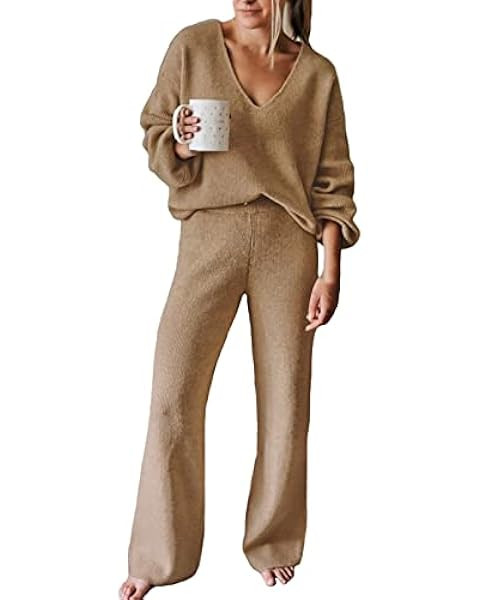Viottiset Women's 2 Piece Outfits Casual V Neck Knit Wide Leg Sweater Lounge Set Sweatsuit | Amazon (US)