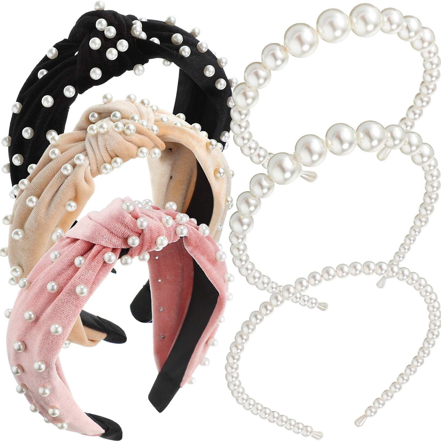 6 Pieces Pearl Headbands Velvet Wide Pearl Hair Bands Knot Turban Headband Bridal Hair Hoop Vinta... | Amazon (US)