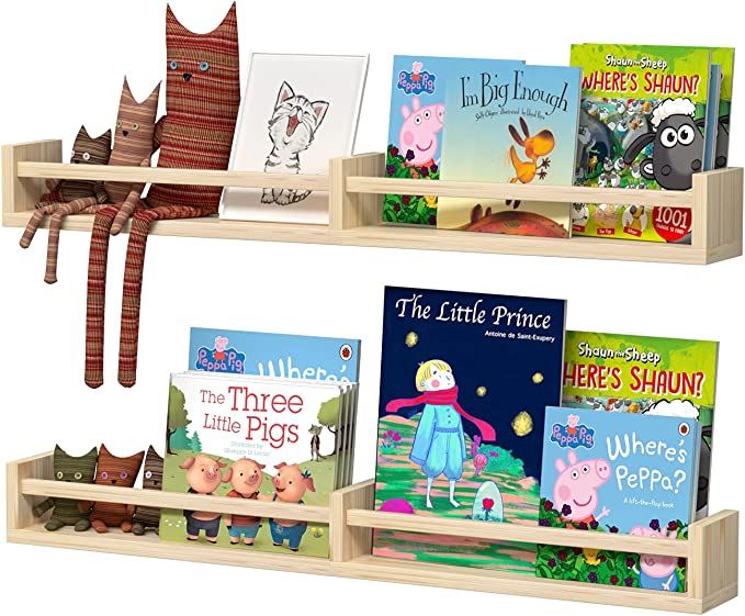 Classic Nursery Shelves, Set of 2 Natural Wood Floating Book Shelves for Kids Room, Wall Shelves ... | Amazon (US)