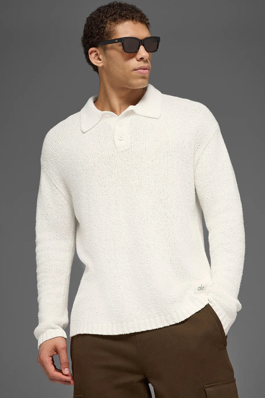 ALO | Textured Knit Long Sleeve Polo Top in Ivory White, Size: XL | Alo Yoga