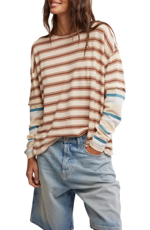 Free People Nina Stripe Layered Long Sleeve Cotton T-Shirt in Neutral Combo at Nordstrom, Size Large | Nordstrom
