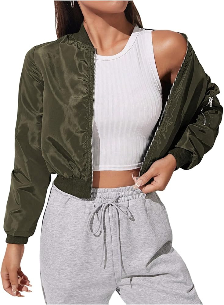SweatyRocks Women's Bomber Jacket Casual Zip Up Long Sleeve Short Jackets Outerwear | Amazon (US)