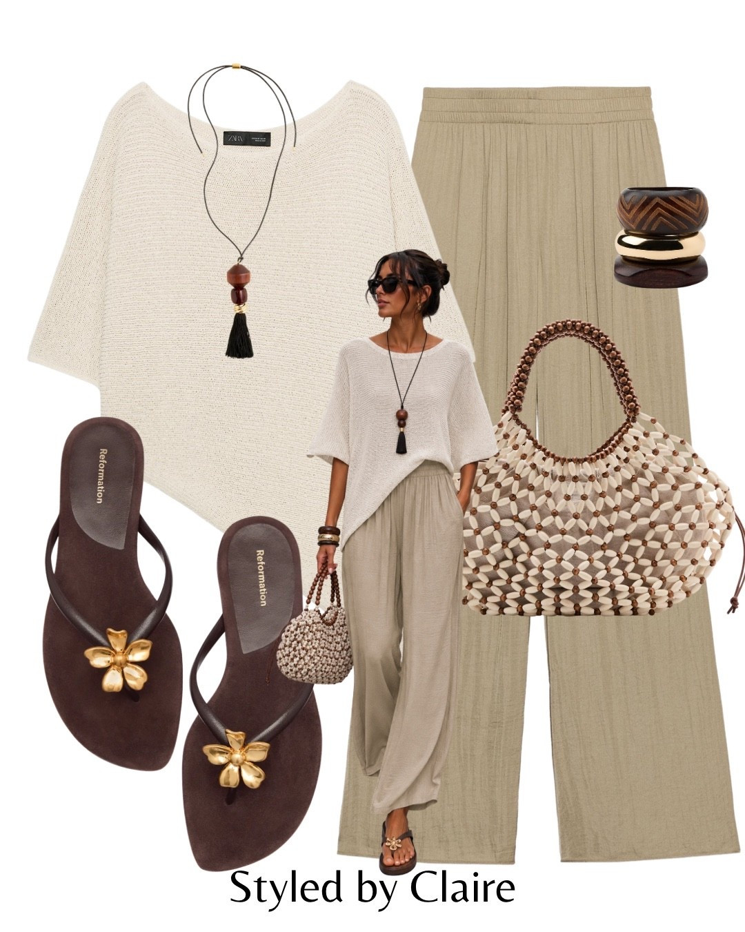 NEUTRAL OUTFIT🤎
Tags: new in Zara flowing wide leg trousers taupe brown asymmetric knit top cream sandals gold flower detail flip flops beaded bag mango wooden bracelets necklace long fashion summer holiday vacation inspo outfit ideas ootd city break Dubai Barcelona chic women’s style

#LTKsummer #LTKstyletip #LTKshoes
