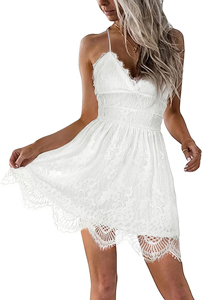 AOOKSMERY Women Summer V-Neck Spaghetti Straps Lace Backless Party Club Beach Mini Midi Dresses | Amazon (US)