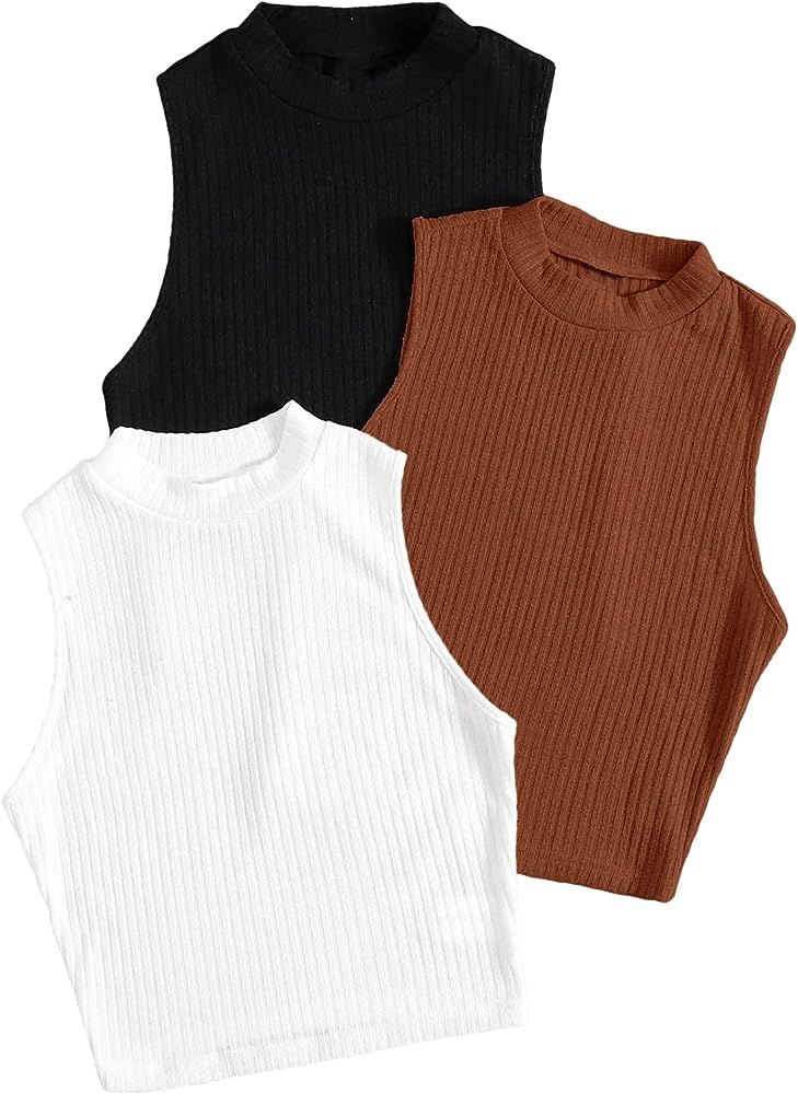Milumia Women's 3 Pieces Casual Rib Knit Mock Neck Tank Tops Sleeveless Fitted Top | Amazon (US)