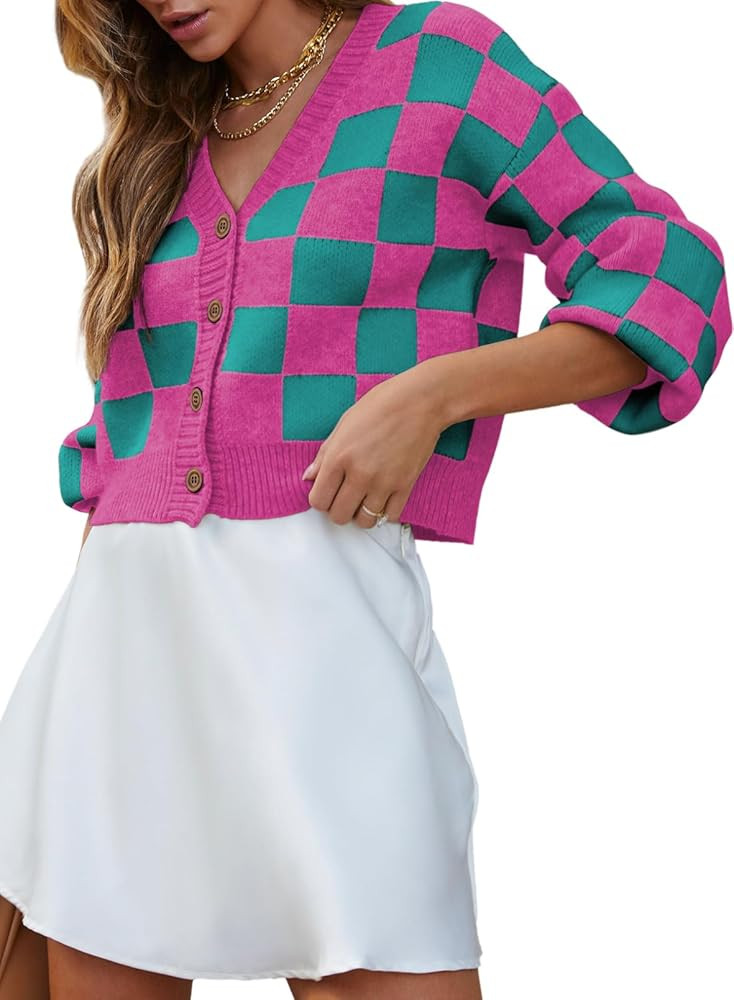 Dokotoo Womens Checkered V Neck Button Down Long Sleeve Cable Knit Cropped Cardigan Sweaters Tops | Amazon (US)