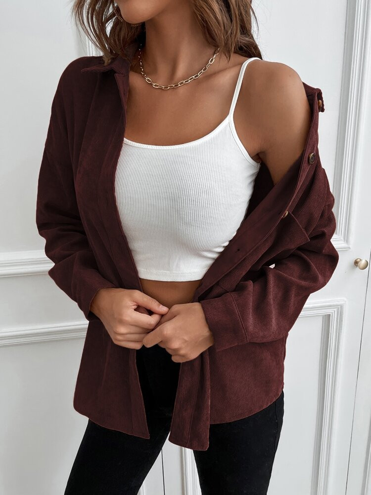1pc Solid Button Up Corduroy Shirt | SHEIN