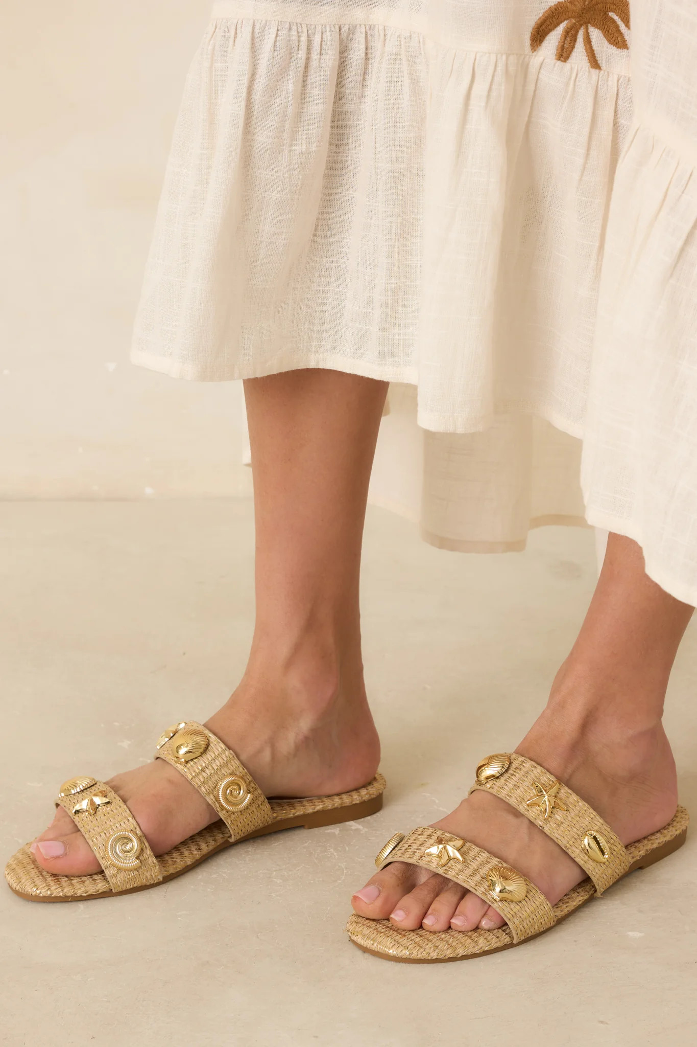 Stay by the Sea Gold Raffia Slip-On Sandals | Red Dress