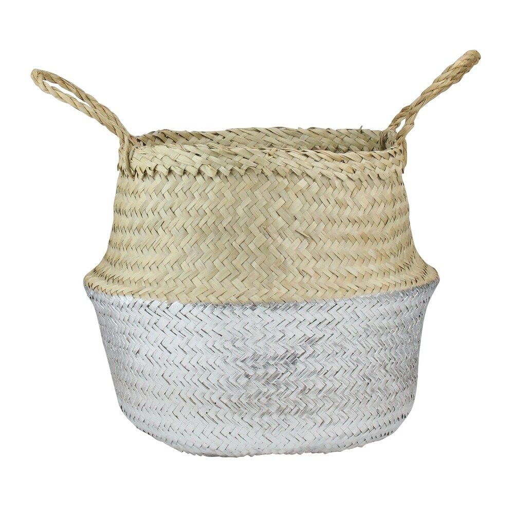 13" Beige and Silver Seagrass Belly Wicker Basket with Handles | Bed Bath & Beyond