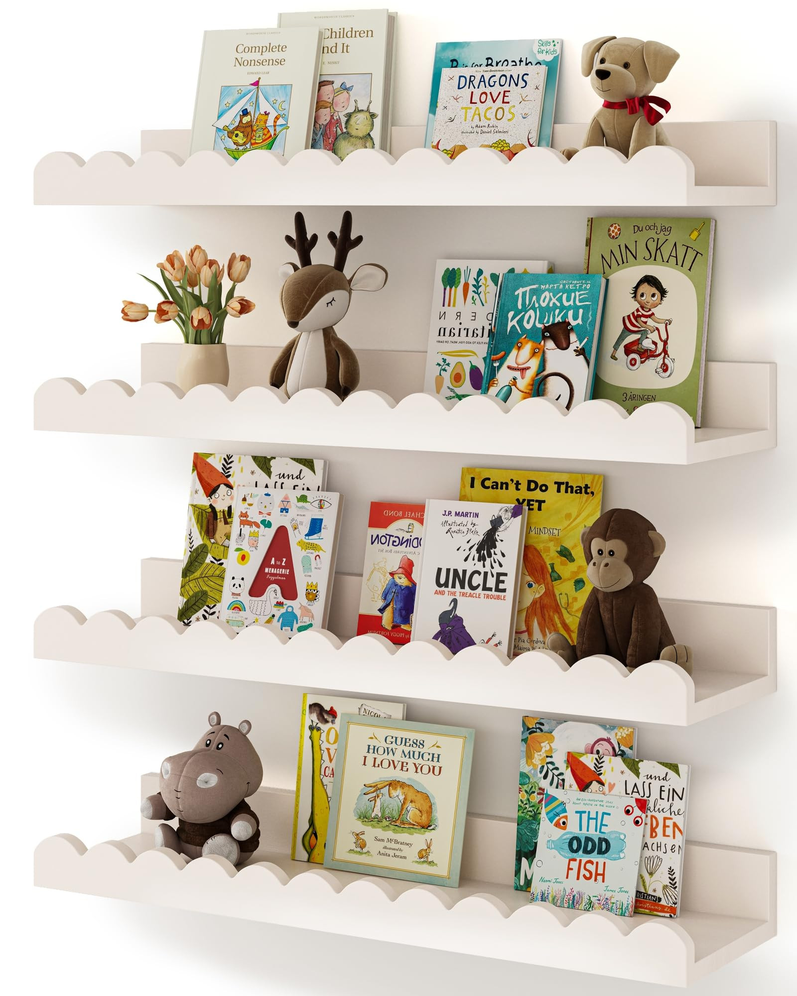 Nursery Book Shelves, 4-Pack White Floating Shelves for Wall Kids, Scalloped Shelves, Wall Book S... | Amazon (US)