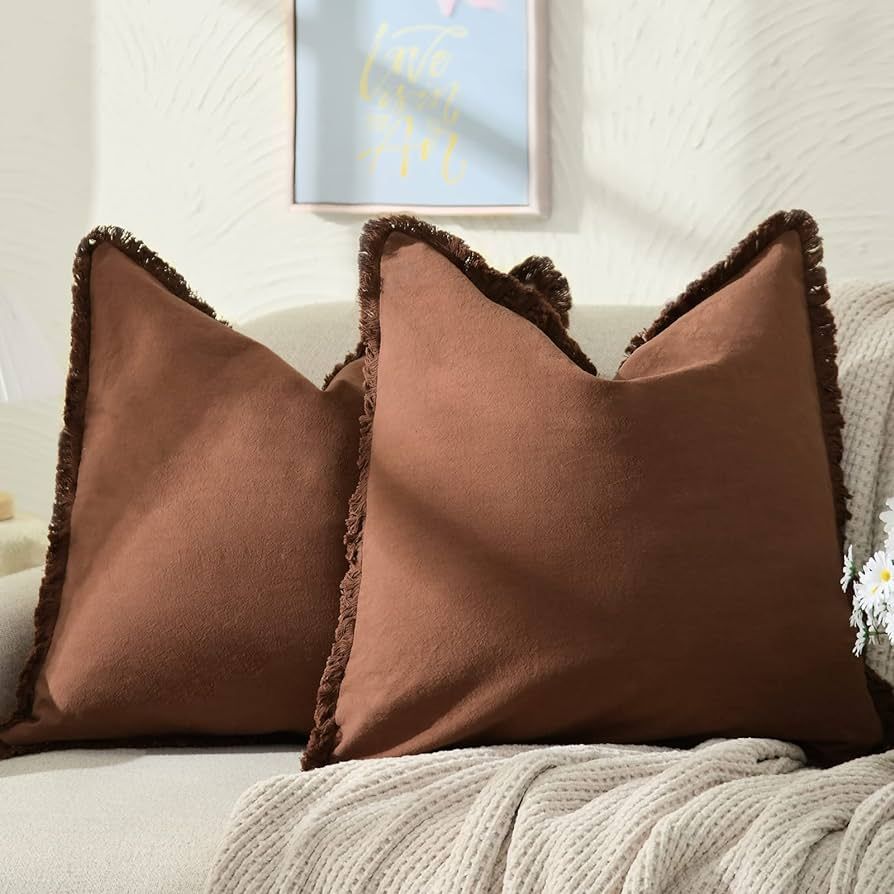 ZWJD Pillow Covers 18x18 Set of 2 Coffee Throw Pillow Covers with Fringe Chic Cotton Decorative P... | Amazon (US)