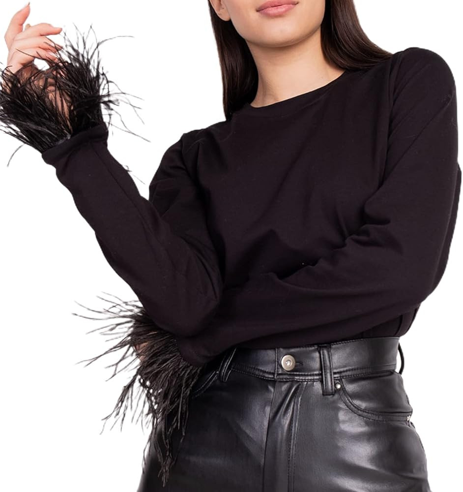 Reachlight Womens Long Sleeve Shirt with Feather Cuff Crewneck Loose Fit Office Lady Blouses Basi... | Amazon (US)