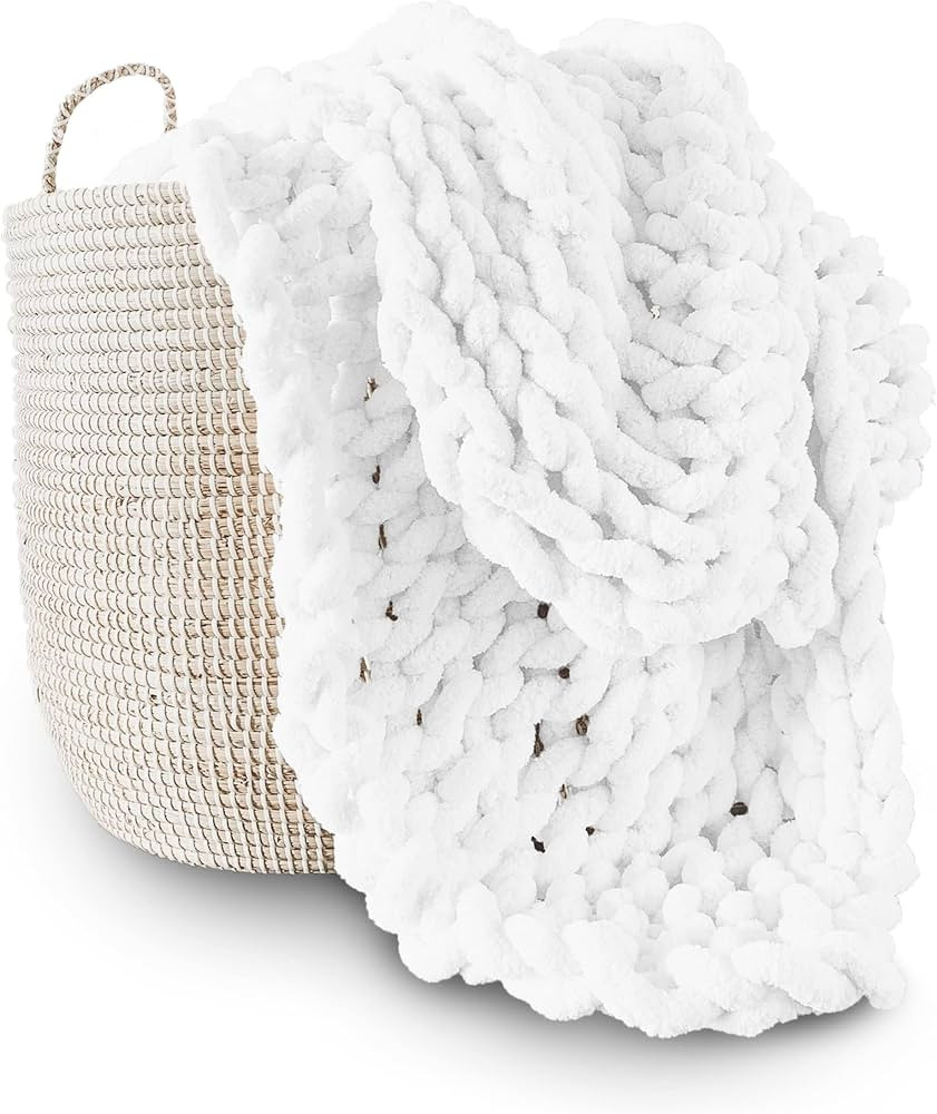 Adyrescia Chunky Knit Blanket Throw | 100% Hand Knit with Jumbo Chenille Yarn (50"x60", Bright Wh... | Amazon (US)