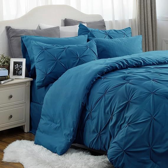 Bedsure King Size Comforter Set - Bedding Set King 7 Pieces, Pintuck Bed in a Bag Teal Blue Bed S... | Amazon (US)
