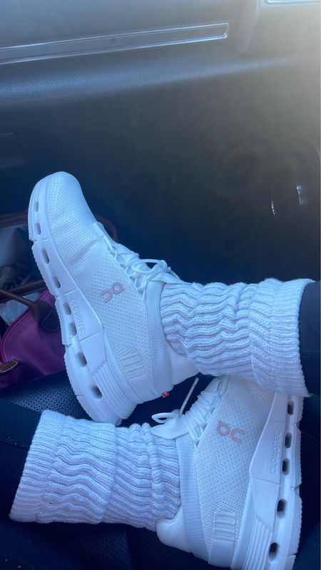 On cloud all white shoes - super comfy. Size up half a size and Amazon slouchy socks 

#LTKstyletip #LTKshoecrush #LTKfitness